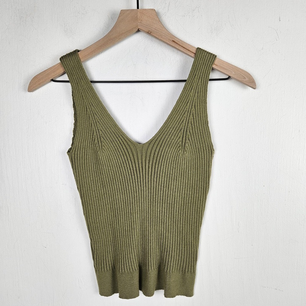 NEW Newbury Kustom Rib Knit V-Neck Tank Top L Here For It Olive Green NWT